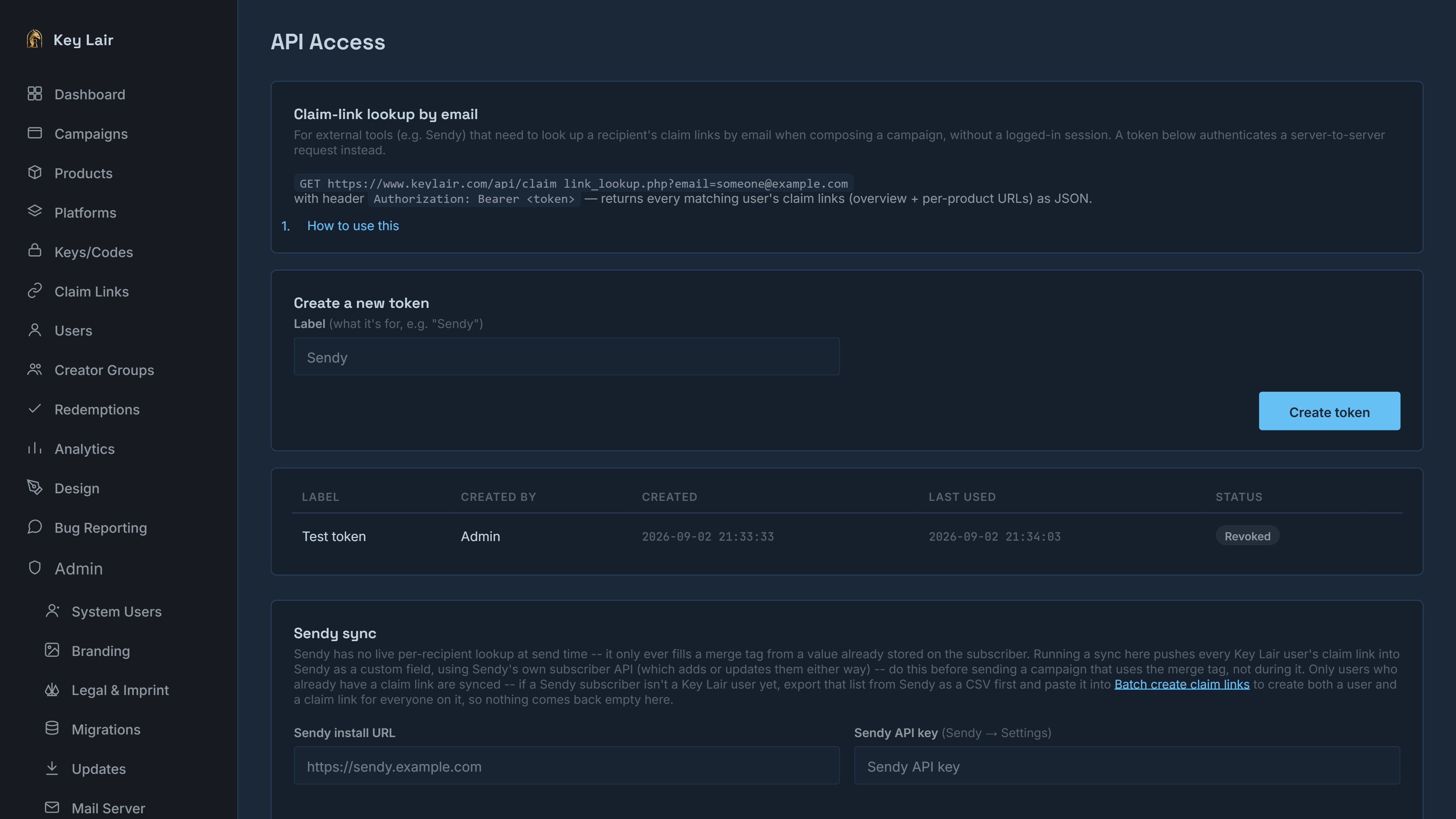 Real Key Lair API Access screen