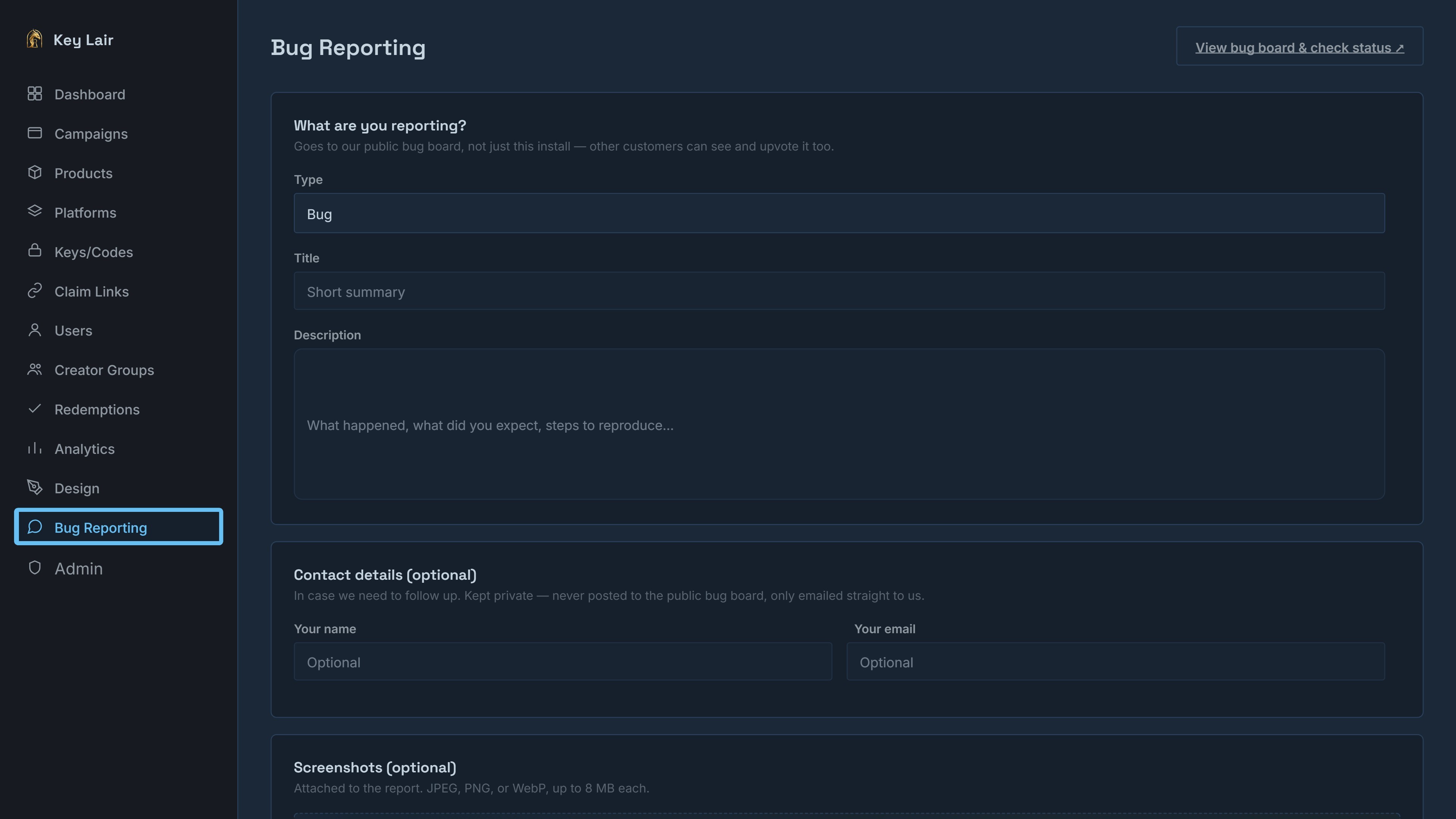 Real Key Lair Bug Reporting screen