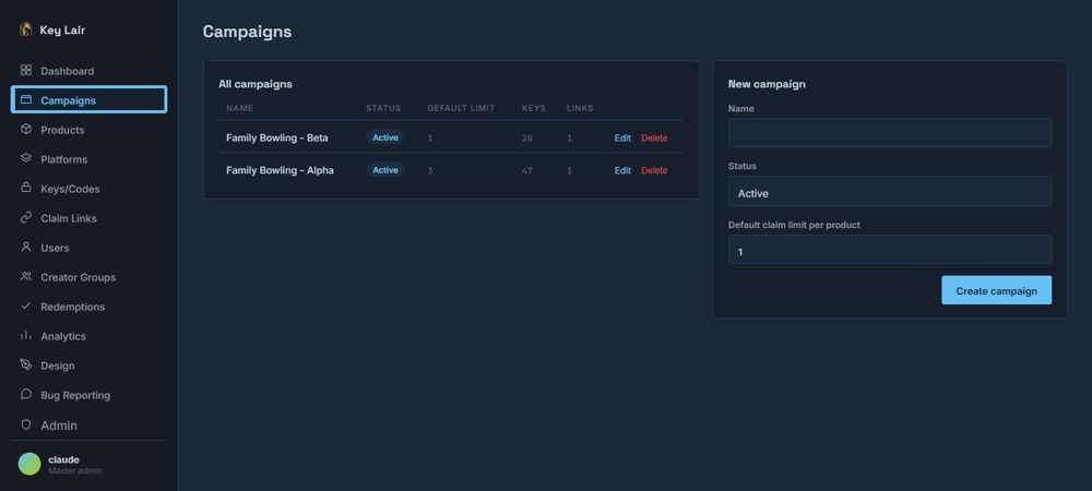Real Key Lair Campaigns screen