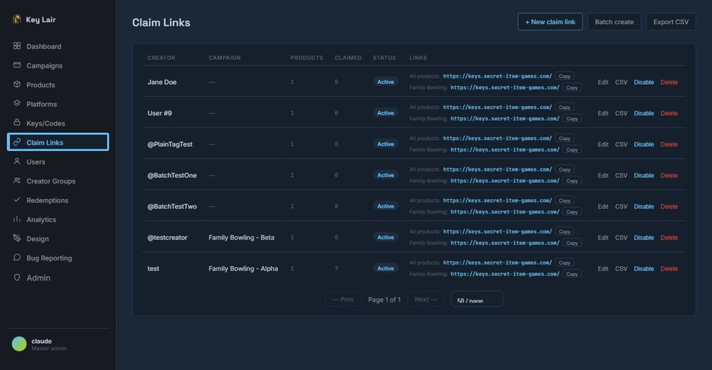 Real Key Lair Claim Links screen