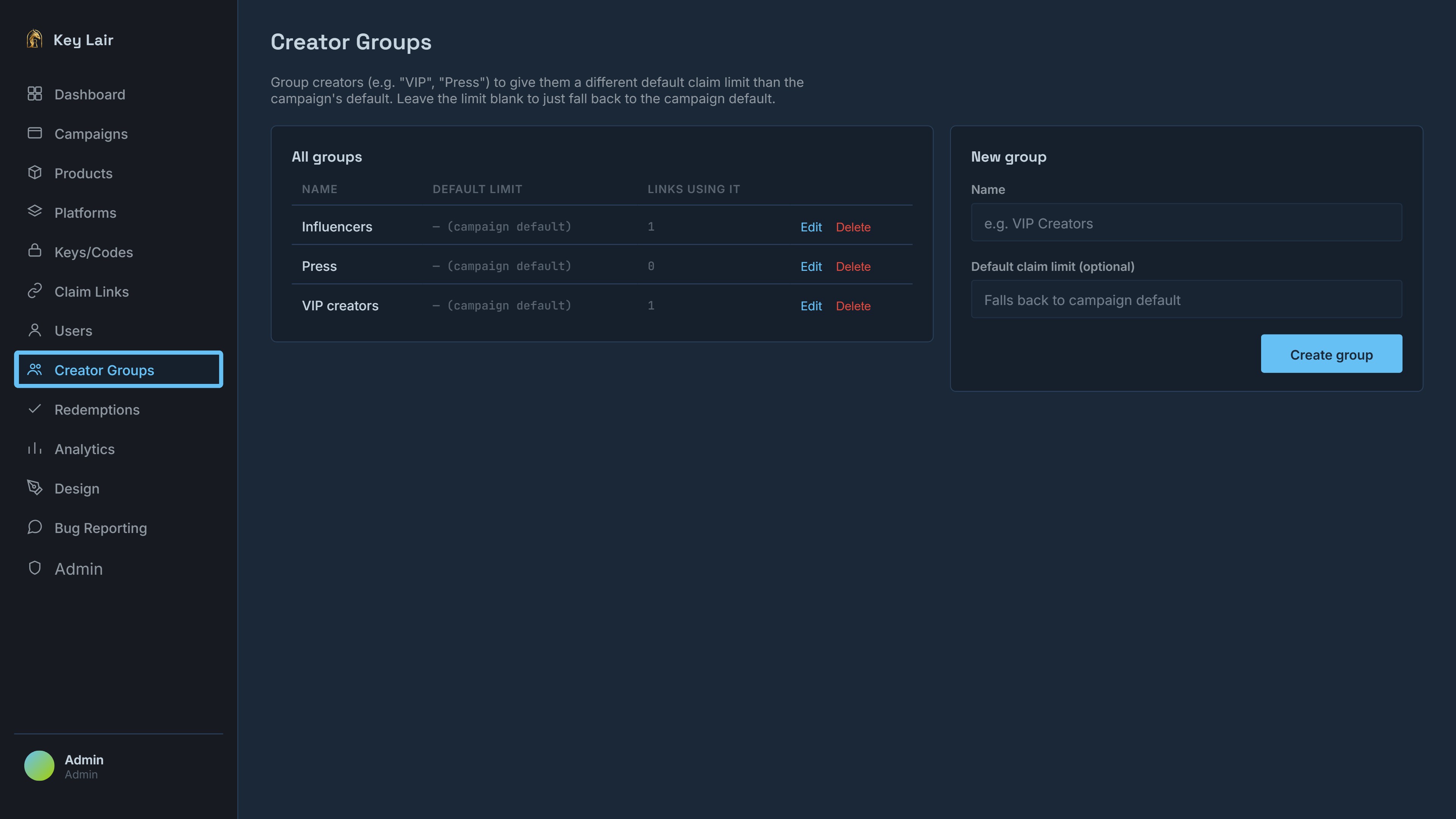 Real Key Lair Creator Groups screen