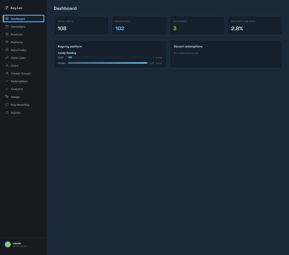 Real Key Lair Dashboard screen