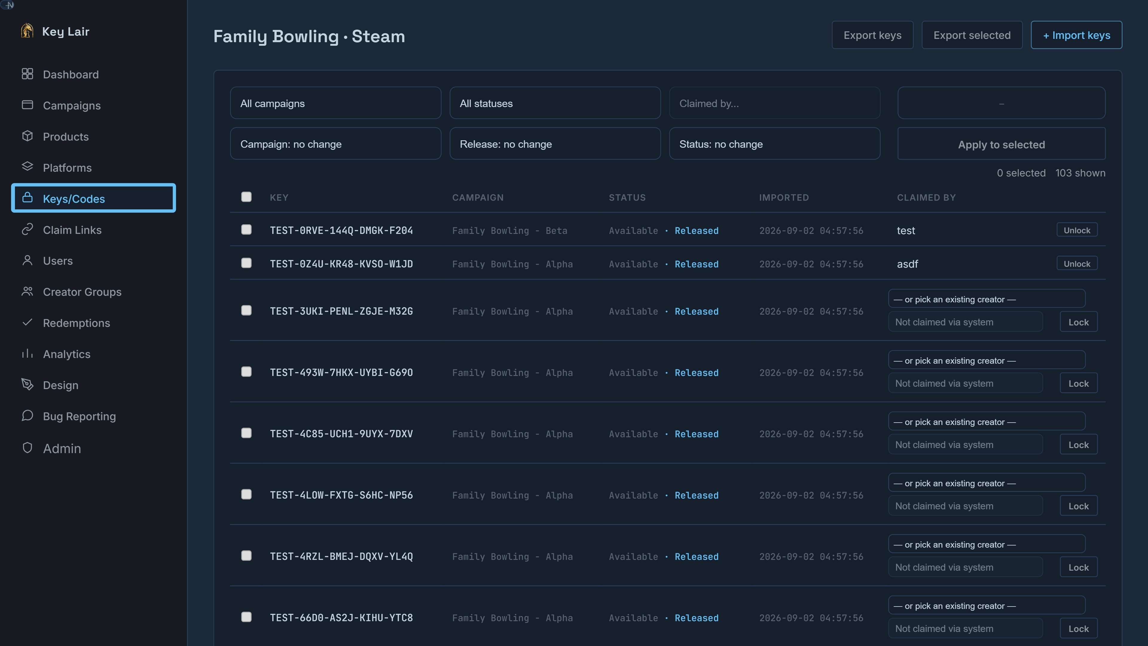 A real Key Lair Keys/Codes screen, showing individual key status.