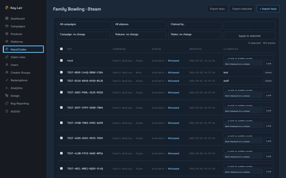 A real Key Lair Keys/Codes screen, showing individual key status.