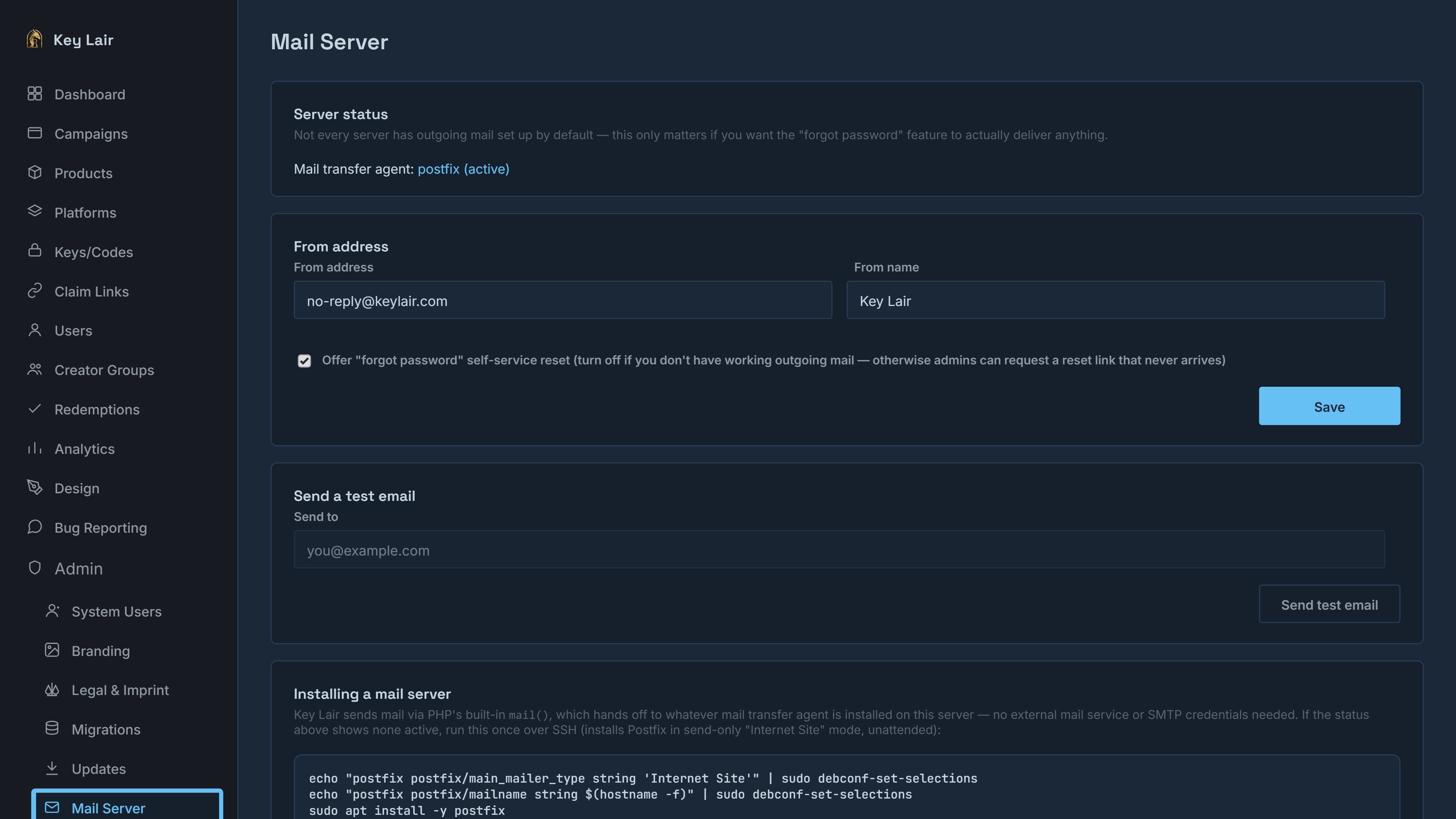 Real Key Lair Mail Server screen