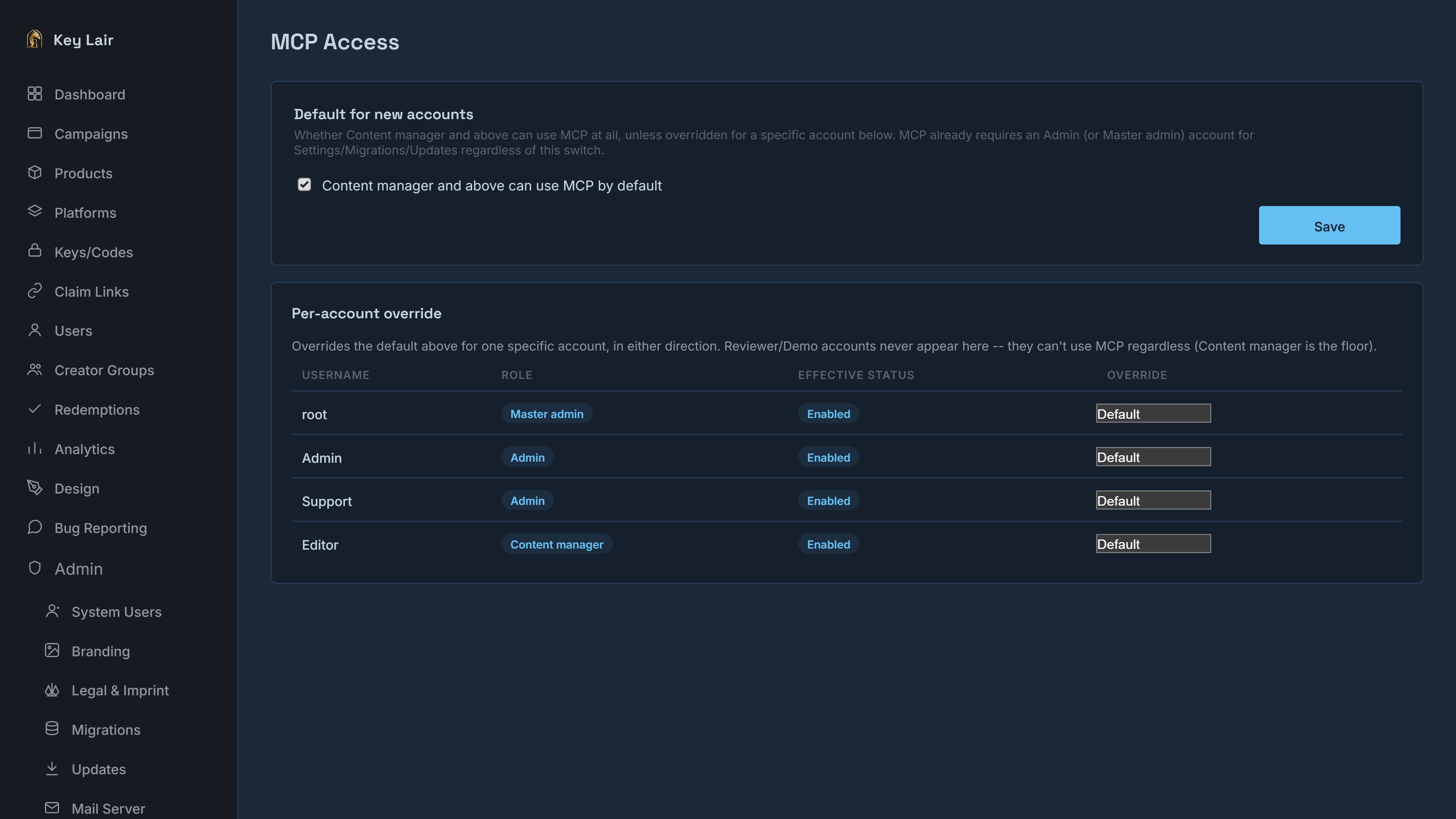 Real Key Lair MCP Access screen