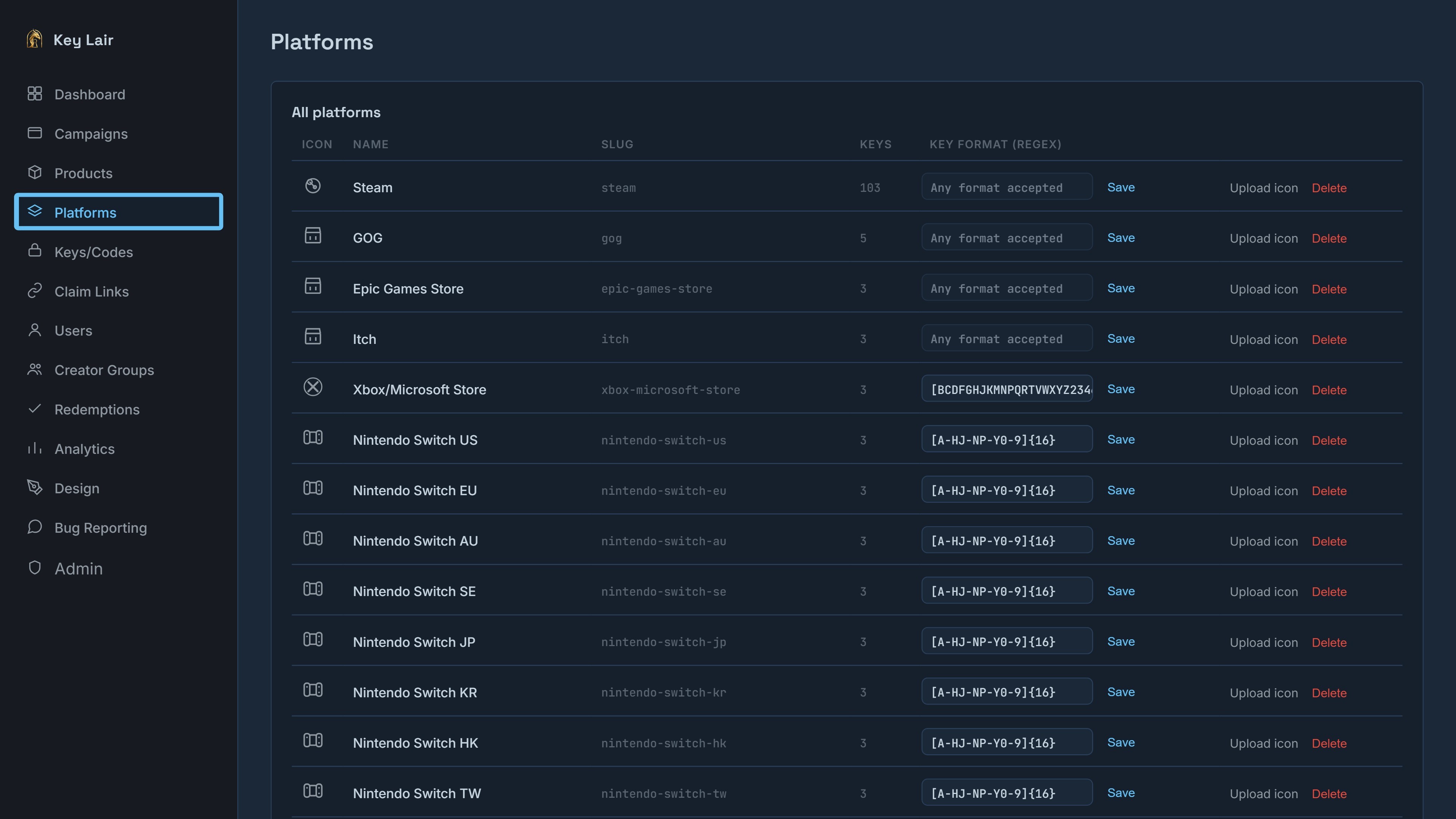Real Key Lair Platforms screen