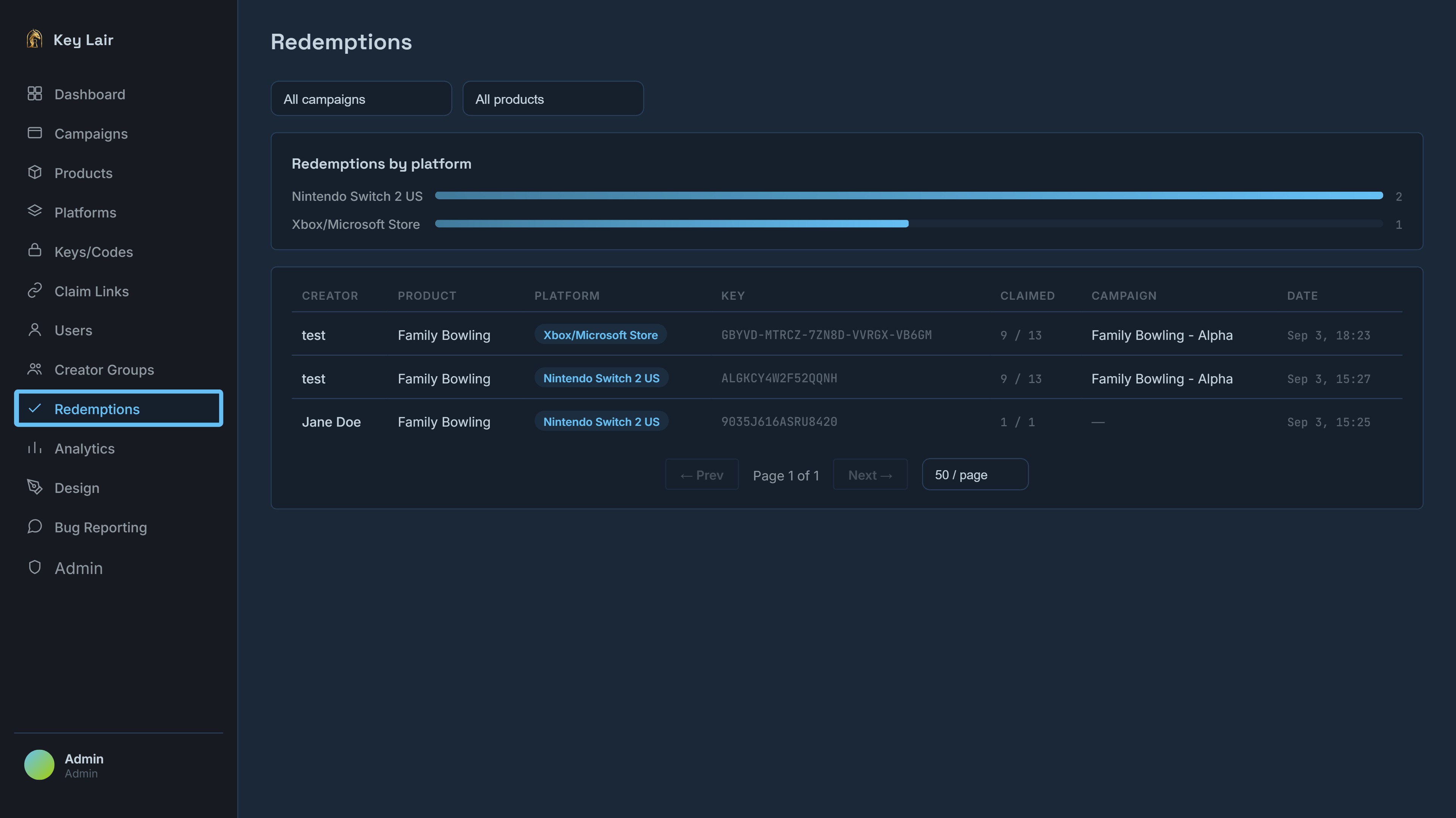 Real Key Lair Redemptions screen