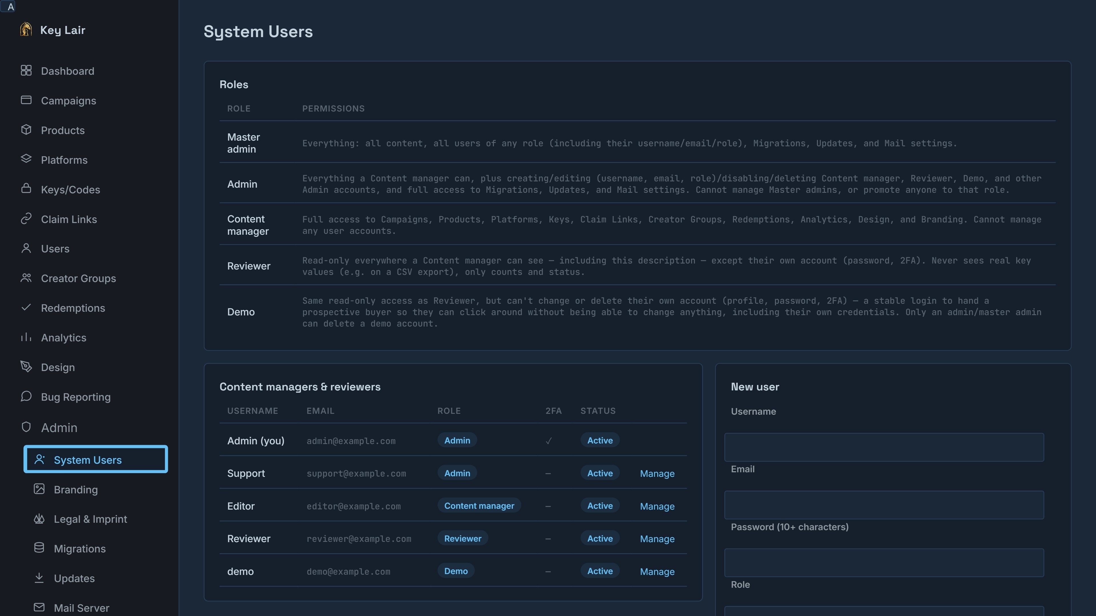 Real Key Lair System Users screen