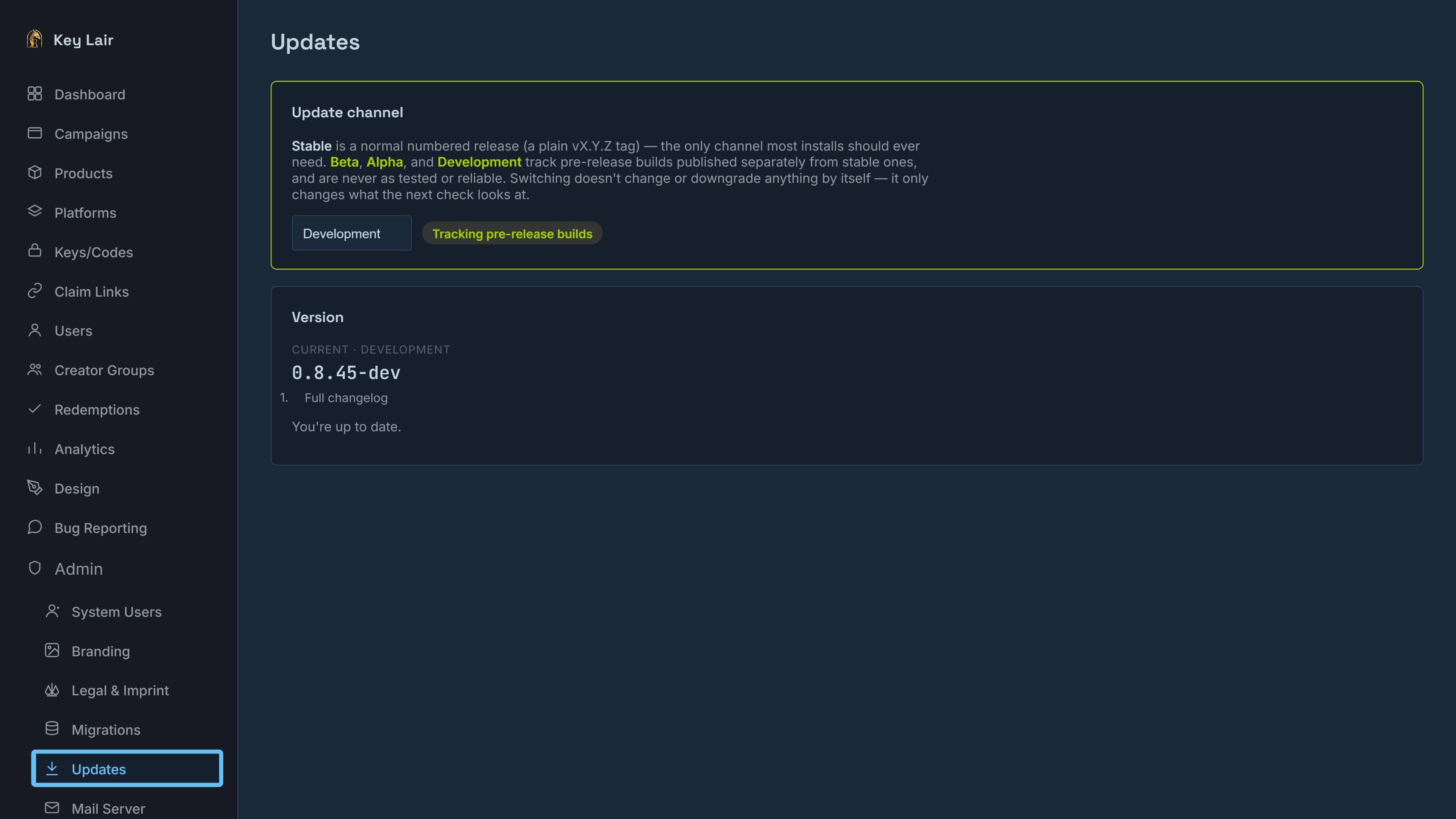 Real Key Lair Updates screen