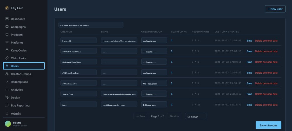 Real Key Lair Users screen